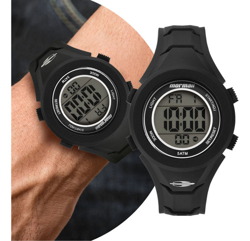Relógio Masculino Digital Preto de Pulso Infantil Infanto-Juvenil com Pulseira de Silicone Resistente à Água 5 ATM com Cronômetro, Alarme, Calendário e Iluminação Noturna Mormaii MOJ8566F/8P