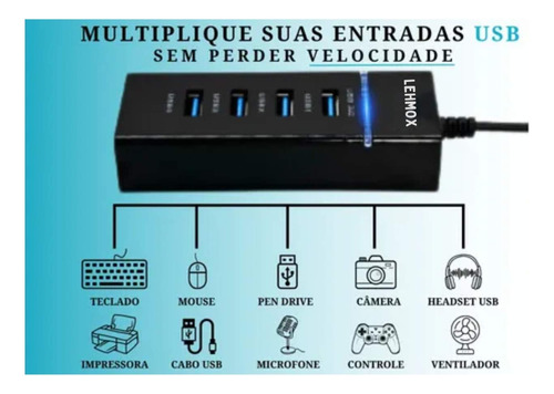 Hub Régua Usb 3.0 Extensão 4 Portas Lehmox Pc Notebook 5gbps