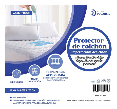 Imagen 3 de 4 de Protector De Colchón Impermeable Acolchado Ducarsil King