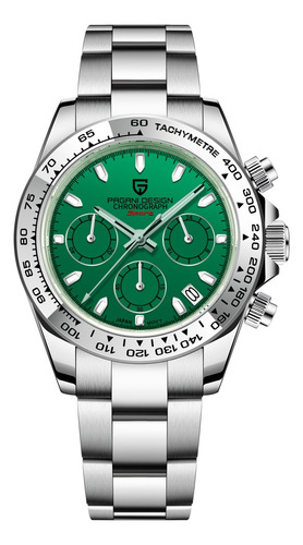 Pagani Design Reloj Hombres Cuarzo Luminoso Impermeable Correa Plateado Bisel Plateado Fondo Verde