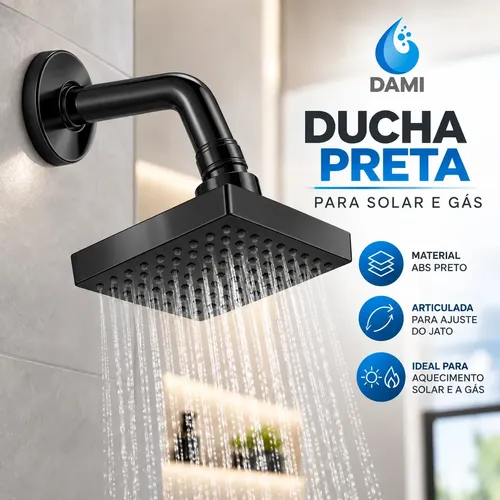 Ducha Chuveiro Dami Quadrada Articulada Preta fosca ABS Para Aquecedor Solar E A Gás Entrada 1/2