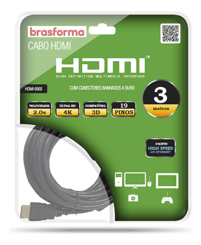 Cabo Hdmi 3m 2.0 19 Pinos Ethernet 3 Metros 4k Ultra Hd 3d