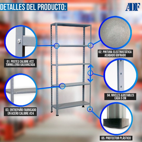 Anaquel Estante Metálico Adf 5 Niveles 190x84x60cm Cal.24 Color Gris