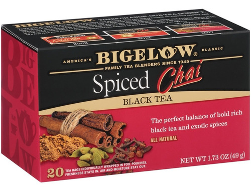 Té Bigelow Black Tea Spiced Chai Especias 20 Bolsas Importad