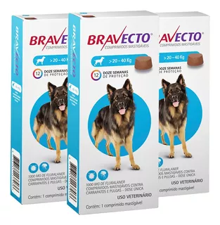 Antipulgas E Carrapatos Bravecto 20 A 40 Kg 1000mg Kit Com 3