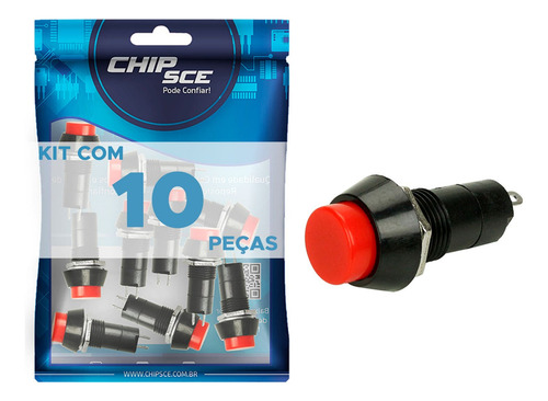10x Chave Push Button 2 Terminais N/a Psb-11b - Vermelho