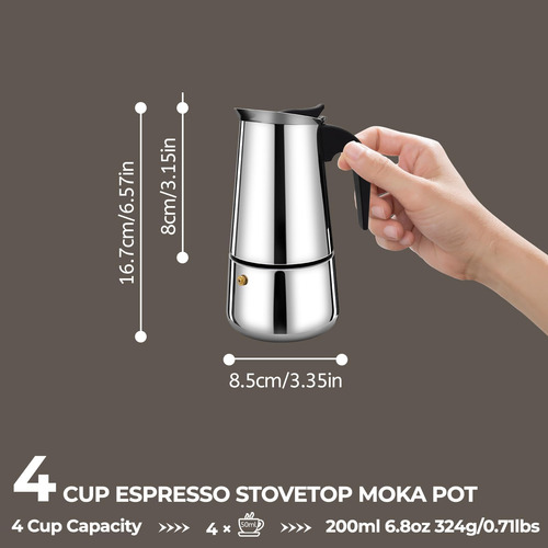 4 Taza 200ml Moka Pot De Acero Inoxidable Espresso Cafetero