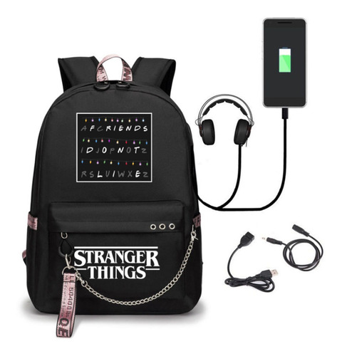 Stranger Things Mochila con USB para Niños-Negro 