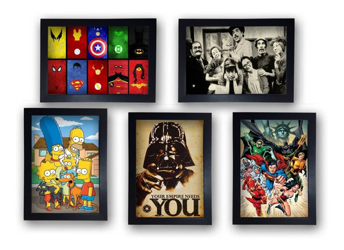 Kit 5 Quadros Decorativos Geek Nerd Gamer Herois Com Moldura