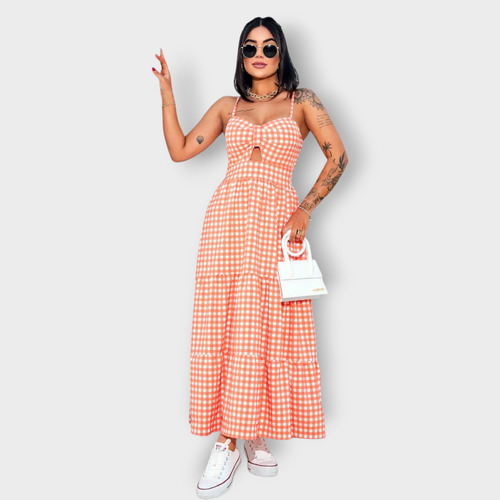 Vestido Feminino Midi Longuete Xadrez Com Lastex Alças Finas