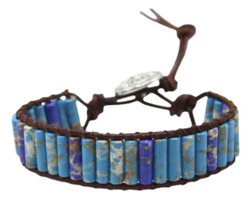 Pulseira Cigano Tibetano Em Couro - Azul Mesclado Ajustável
