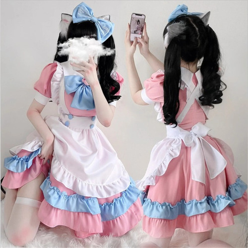 Kawaii Lolita Anime Maid Outfit Pink + Blue Cosplay