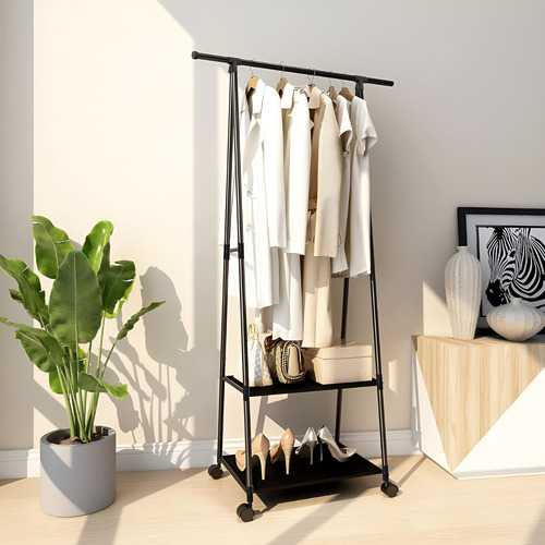 Perchero Organizador Rack De Ropa, Closet Zapatero Cn Ruedas Color Negro
