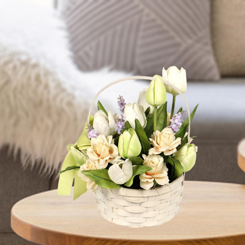 Tulipanes Artificiales En Maceta Con Cesta De Verde Claro