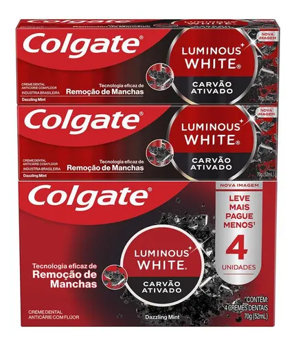 Creme Dental Colgate Luminous White Carvão Ativado 70g 4 un