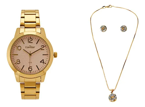 comprar Kit Relógio Feminino Dia A Dia + Colar E Brincos Condor Correia Dourado Bisel Dourado Fundo Rosa