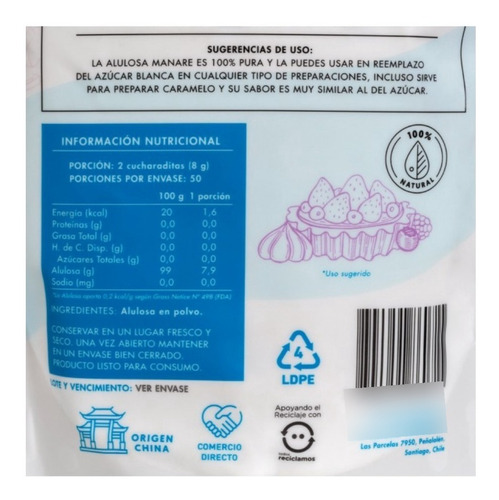 Imagen 4 de 6 de Alulosa Endulzante Natural 400 Gr 0% Azucar Y Keto Manare