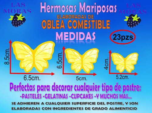 23pz Mariposas Decorativas De Oblea Para Postres 3d +letrero Amarillo