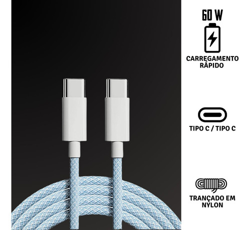 Cabo Usb C Tipo C Para iPhone 15 E 16 Fio Nylon Trançado Cor Branco