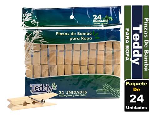 24 Perros De Ropa Pinza Bambú Colgadores Lavandería Teddy