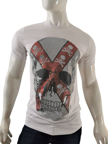 Playera Calavera Con Cruz En Pedrería Moda Hombre Slim Fit