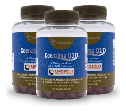 Kit 3 Coenzima Q10 200mg Alta Absorção Lipossomal Cápsulas Sabor Sem Sabor