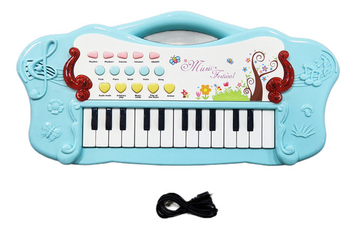 Piano Organo Festival Con Luz Sonido Cargador Usb Color Celeste
