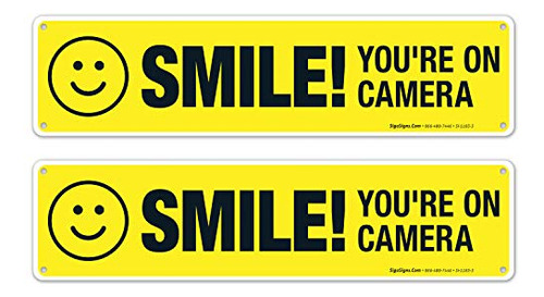 Smile You're On Camera Sign, (2 Pack) Yellow Background...