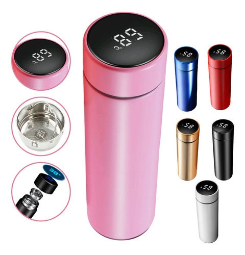 Botella termo con medidor de temperatura LED digital de 500 ml, color rosa