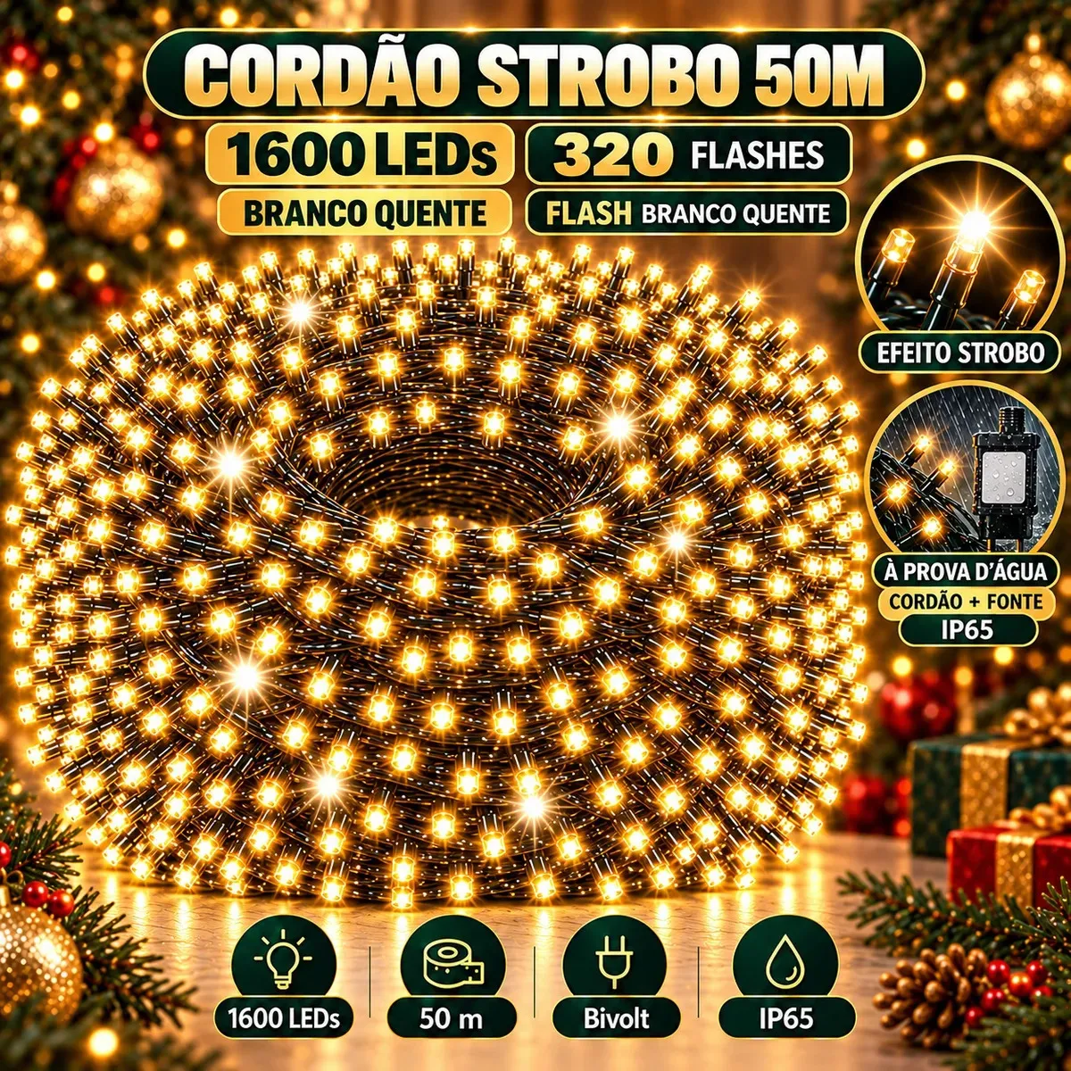 Strobo Pisca Pisca Cordão Natal 1600 Leds 50m Prova D'Água Bivolt Branco Quente 320 Flash Branco Quente Decoração Enfeite Natal LuvinCo