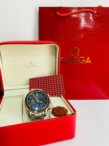 Bonito Reloj Pulsera Omega Apolo + Full Set Plata Plata Negro Azul