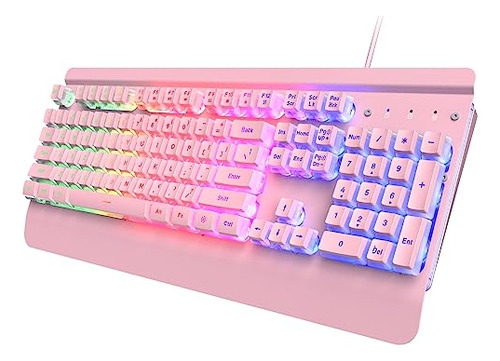 Pacote De Teclado Gamer Rosa Led, 104 Teclas, Anti-ghosting