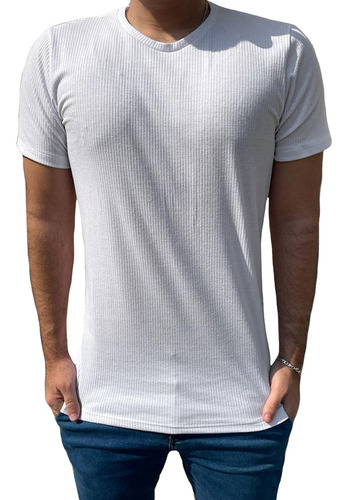 Camiseta Canelada Masculina Branca Lisa Manga Curta Slim Fit
