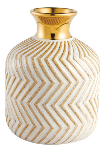 Vaso Em Ceramica Dourado E Branco Bojudo Com Ranhuras P