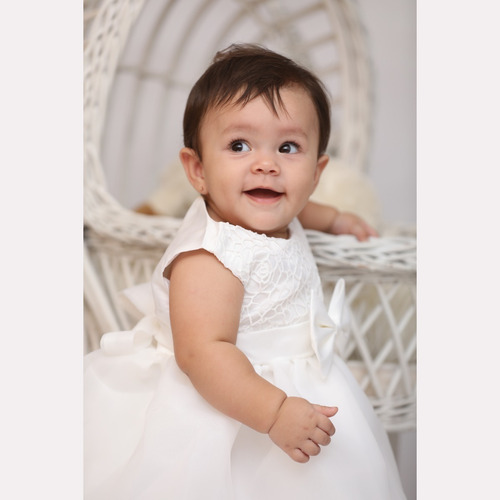 Vestido Bebê Batizado Batismo Off-white Bordado Flor E Laço