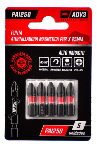 Puntas Atornillar De Impacto Magnéticas Ph2 25 Mm 5 U. Adv3