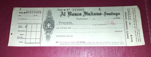 Antiguo Cheque Banco Italiano Santiago 1940
