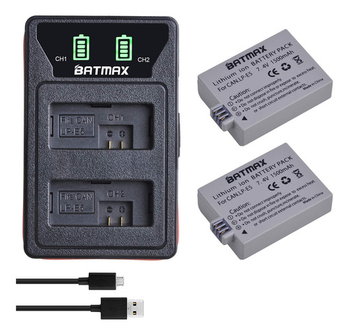 Batmax Paquete De 2 Baterías Lp-e5 + Led Dual Bulit-in Usb.