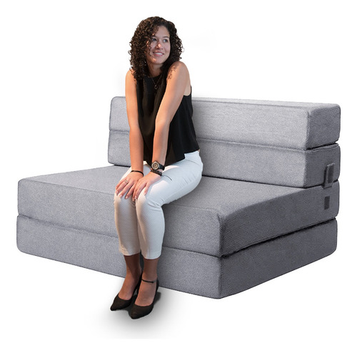 Sofá Cama Matrimonial Plegable, Colchoneta Con Soporte Firmé Color Gris claro