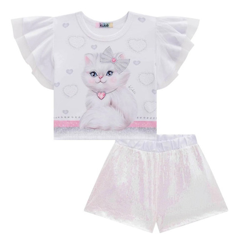 Conjunto Infantil Kukie Cropped E Shorts Em Paetê Furtacor 