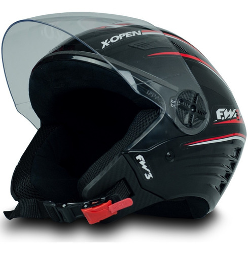 Imagem 2 de 6 de Capacete Moto Aberto X Open Preto Vermelho Viseira Cristal