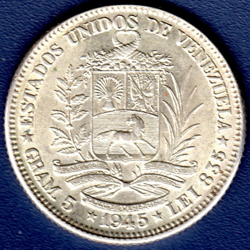 Moneda De Plata De 1 Bolívar De 1945