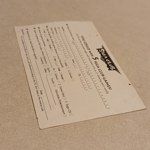 Sega Club Tarjeta De Registro Postal Original Sega Génesis (Usado)