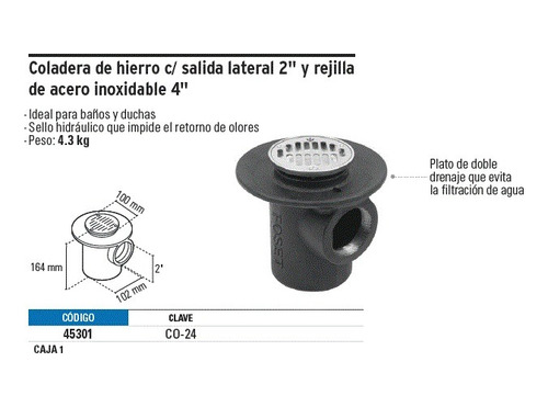 Coladera De Hierro Boca Para Piso Rejilla Inoxidable 45301