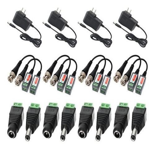 Kit De 4 Conectores Plug + 4 Video Balun + 4 Fuentes 12v 1am