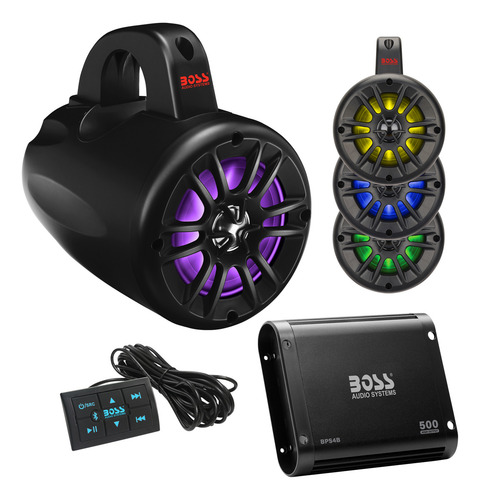 Boss Audio Uni4rgb Atv Utv Estéreo 4 Ipx5 Altavoces Marinos (x4) + Amplificador Bluetooth 4 Canales Resistente A La Intemperie