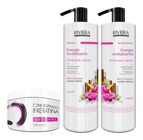 Shampoo Sin Sal Riviera Miel y Orquídeas Para Cabellos Débiles 1L + Acondicionador Sin Sal 1L + Keratina Riviera Ka 350gr