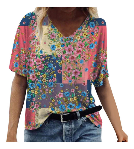 Camisa Verano Cuello V Para Mujer Camiseta Manga Corta Blusa