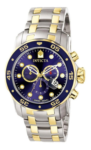 Reloj pulsera Invicta 0077 con correa de acero inoxidable color acero/oro - fondo azul - bisel azul/dorado