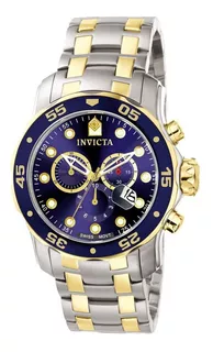 Relógio de pulso Invicta Pro Diver Scuba 0077 com corpo aço, analógico, para masculino, fundo azul, com correia de aço inoxidável cor aço e ouro, agulhas cor branco e ouro e vermelho, subdials de co